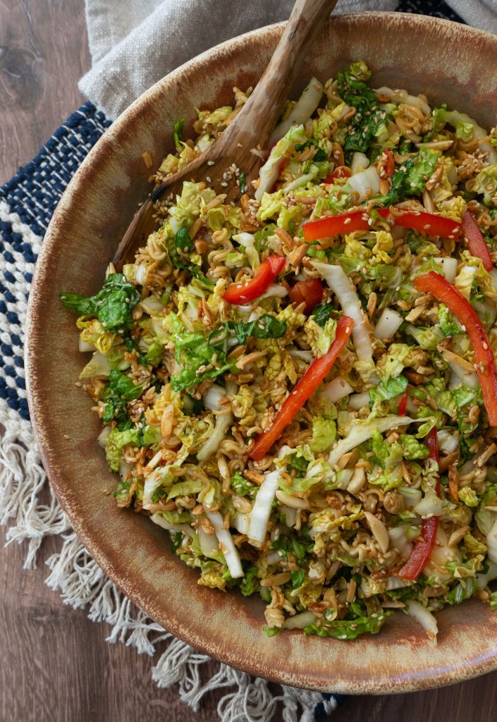 Ramen Noodle Napa Cabbage Salad in a brown salad bowl