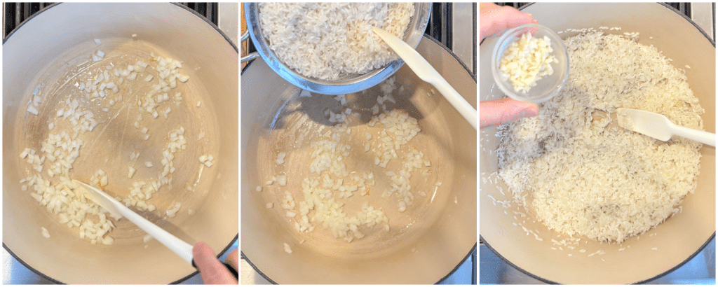collage of three pictures showing the onions cooking then adding the rinsed rice to the pot then adding the garlic to the rice