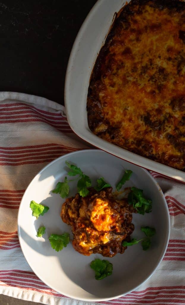 Easy Layered Beef and Bean Enchilada Casserole