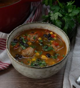 Bowl of mexican turkey meatball soup with a small bowl of cilantro behind it and the red pot of soup to the left
