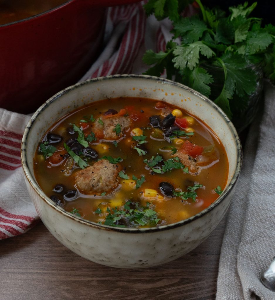 Bowl of mexican turkey meatball soup with a small bowl of cilantro behind it and the red pot of soup to the left