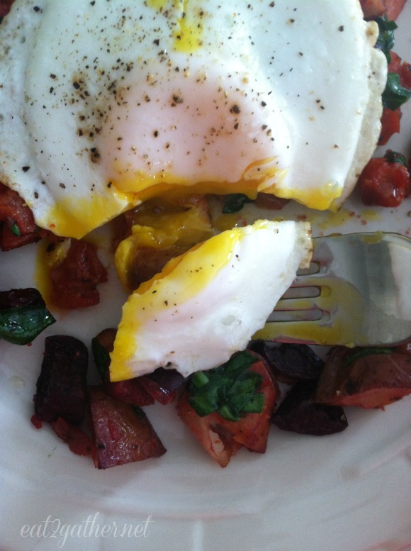 Roasted Vegi Hash with a fried egg on top. 