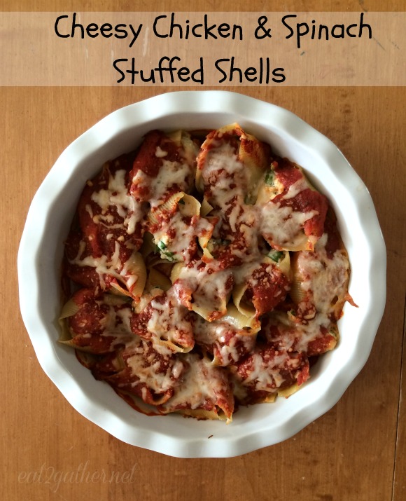 Cheesy Chicken & Spinach Stuffed Shells ~ healthy and easy make ahead meal for busy back to school season!