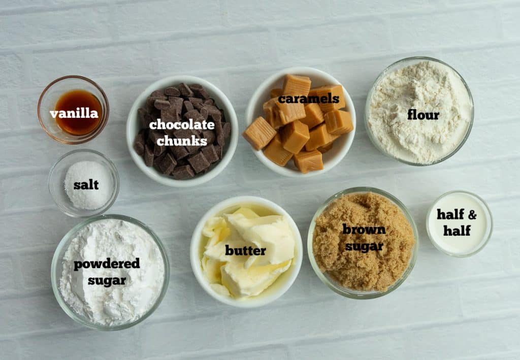 ingredients for salted caramel chocolate chunk cookie bars