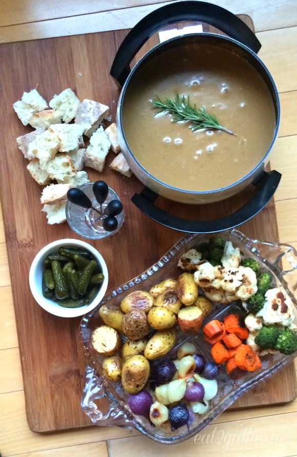 Cheddar Stout Fondue with roasted vegetables