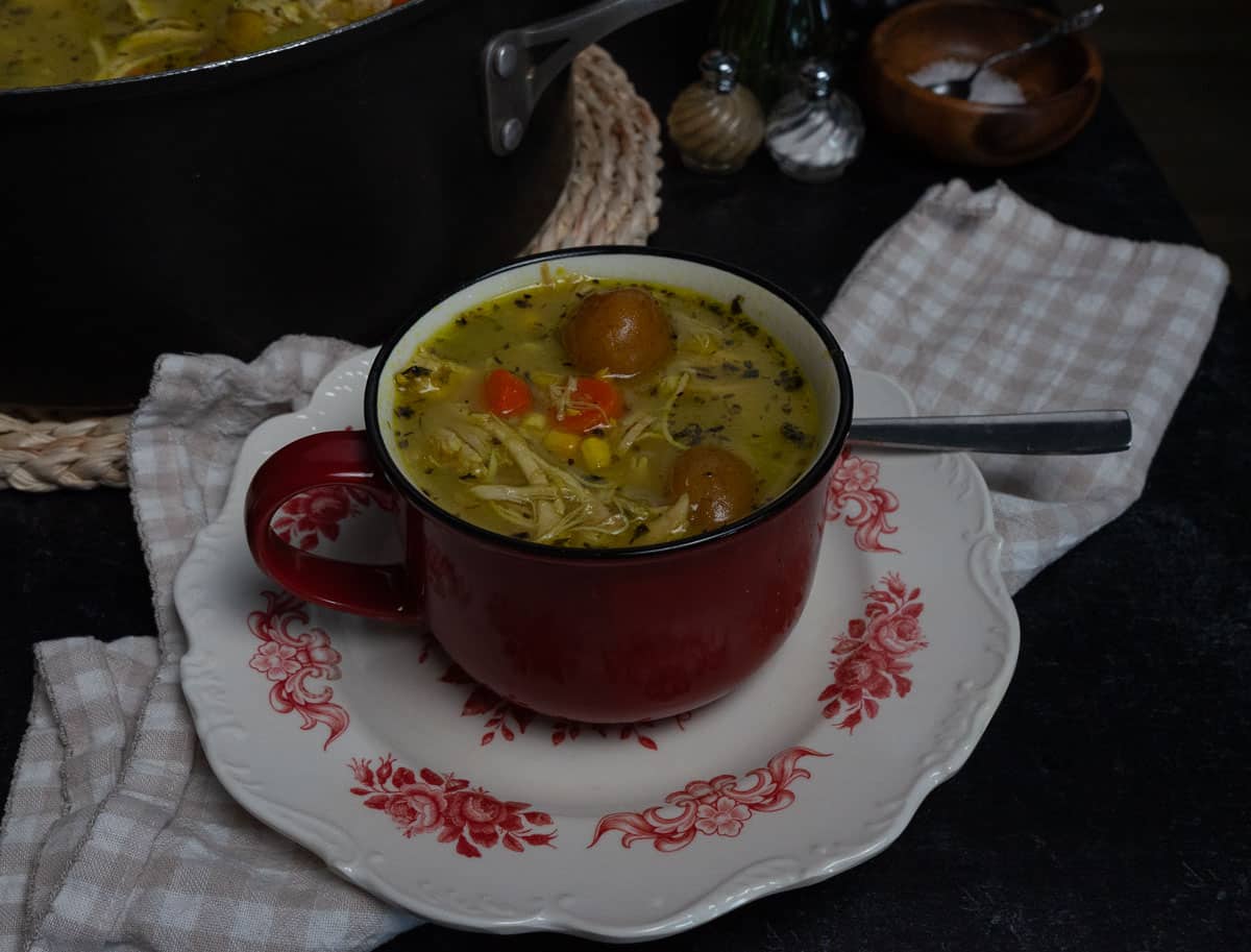 bowl of chicken and red skin potatoe soup with the pot of soup in background to theleft