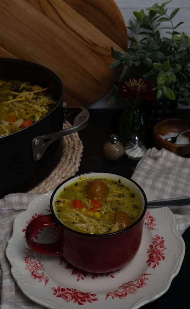 bowl of chicken and red skin potatoe soup with the pot of soup in background to theleft