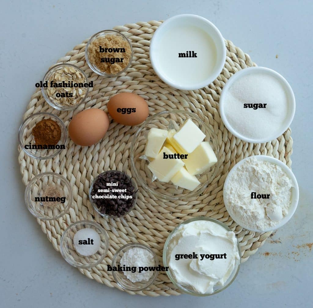 ingredients for mini muffins on basket placemat on a white countertop