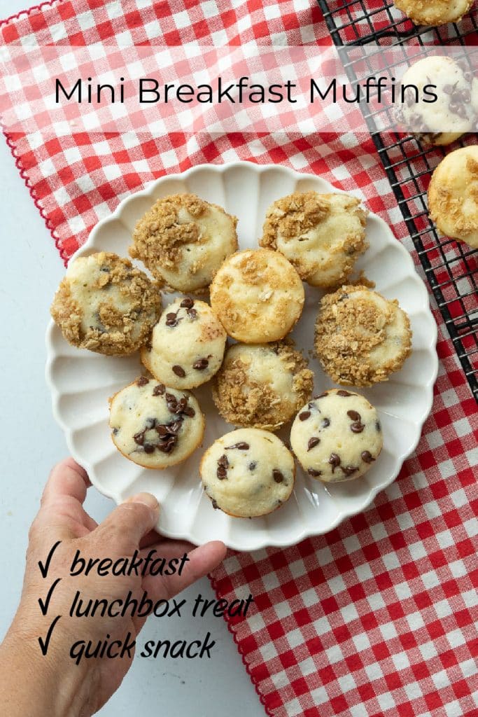 plate of mini muffins on a white plate on a red and white gingham cloth next to a cooling rack of mini muffins