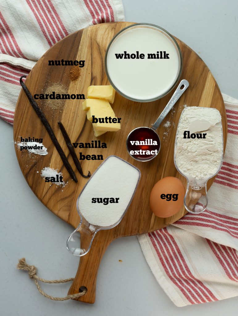 scone ingredients on a round wood cutting board