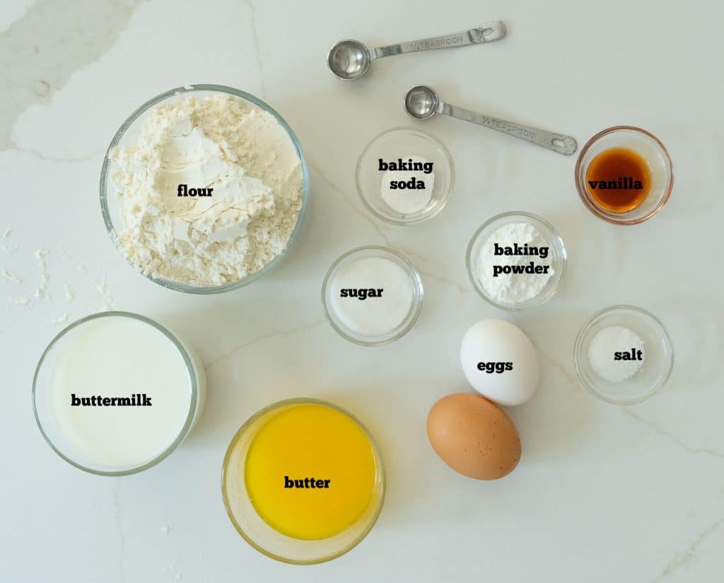 ingredient for buttermilk pancakes on a white background