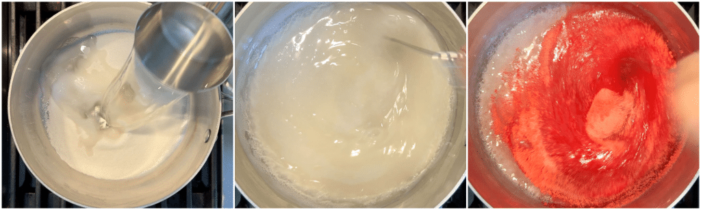collage of making strawberry gelatin layer for strawberry pretzel cheesecake