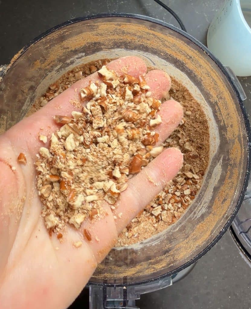 chopped up pretzels in a food processor