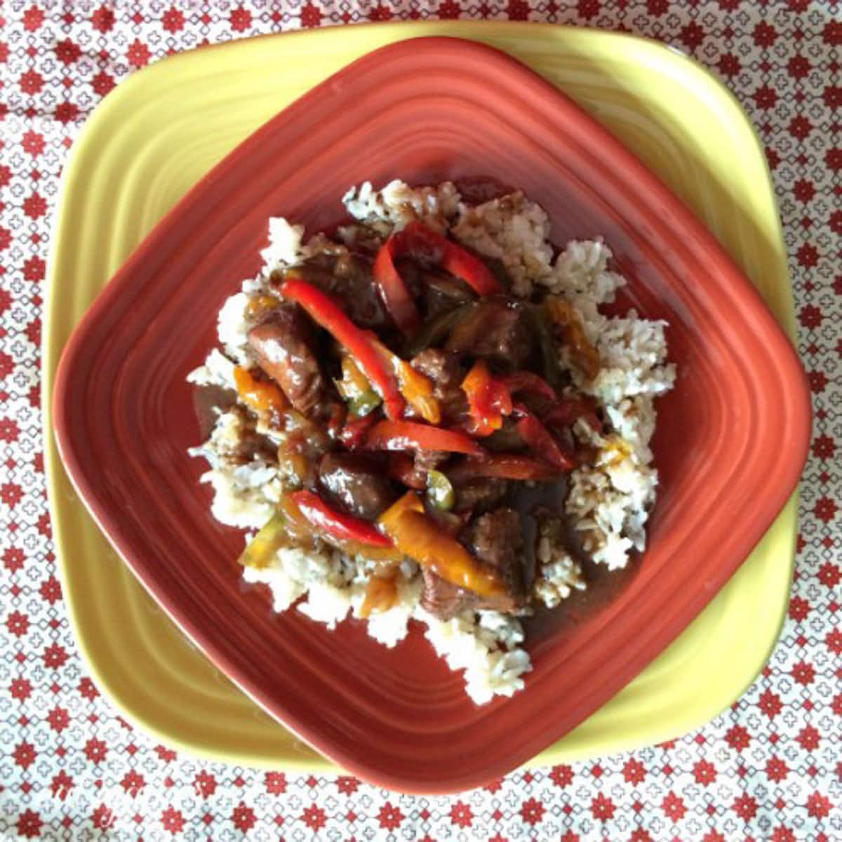 slow cooker bbq beef on a rust colored plate over rice