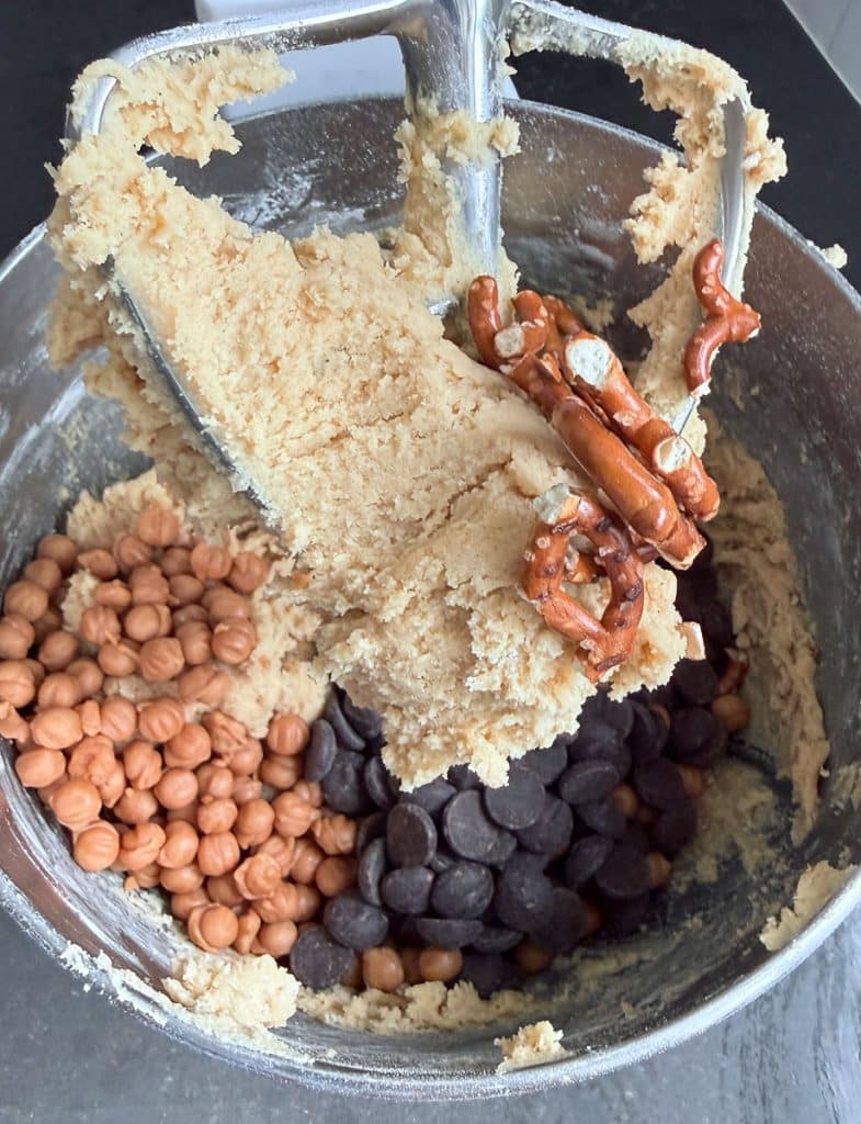 cookie dough with pretzel pieces, caramel bits, and chocolate chips