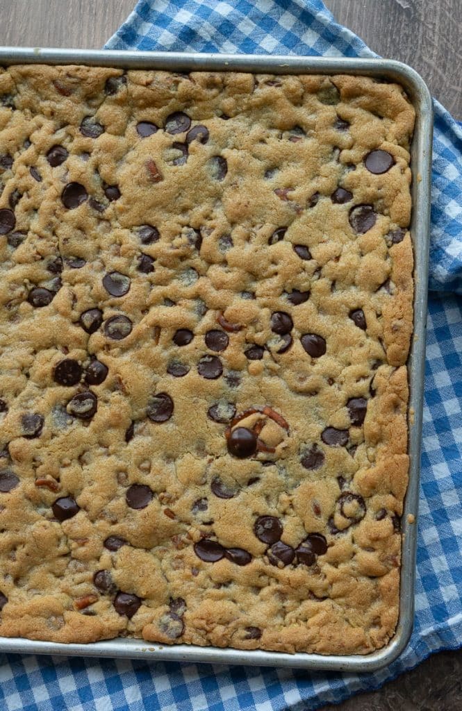 Pan of uncut caramel pretzel chocolate chip cookie bars