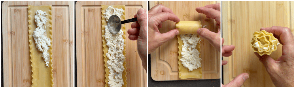 photos demonstrate How to fill lasagna noodles with cheese filling from left to right