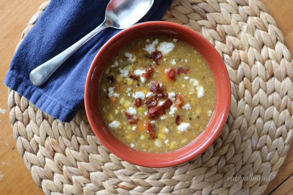 Corn and Sweet Potato Chowder with Feta and Bacon