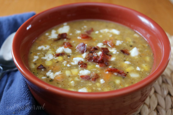 Corn and Sweet Potato Chowder with Feta and Bacon