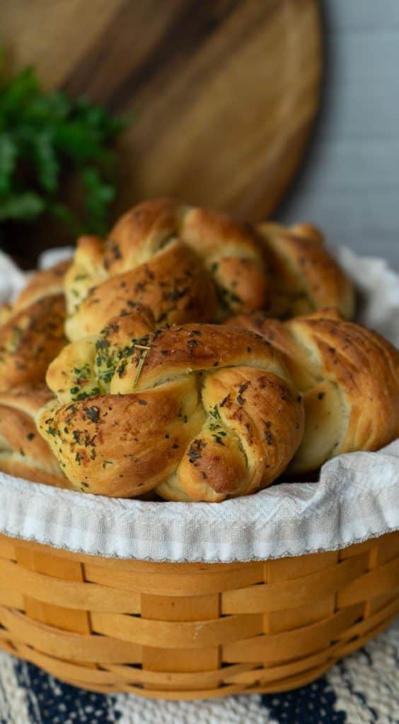 front view of a basket of garlic knots i