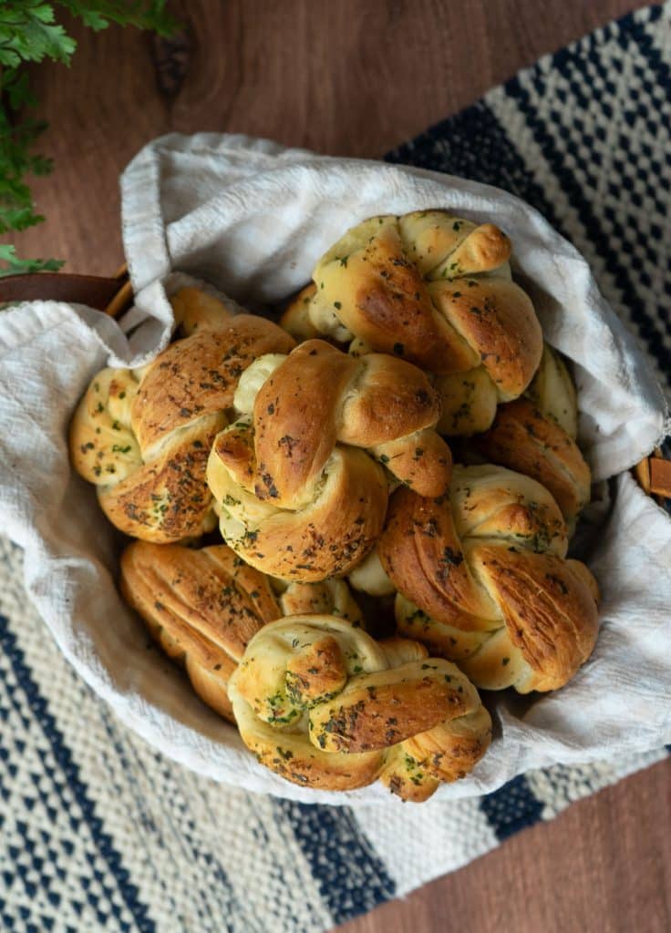 top view of a basket of garlic knots