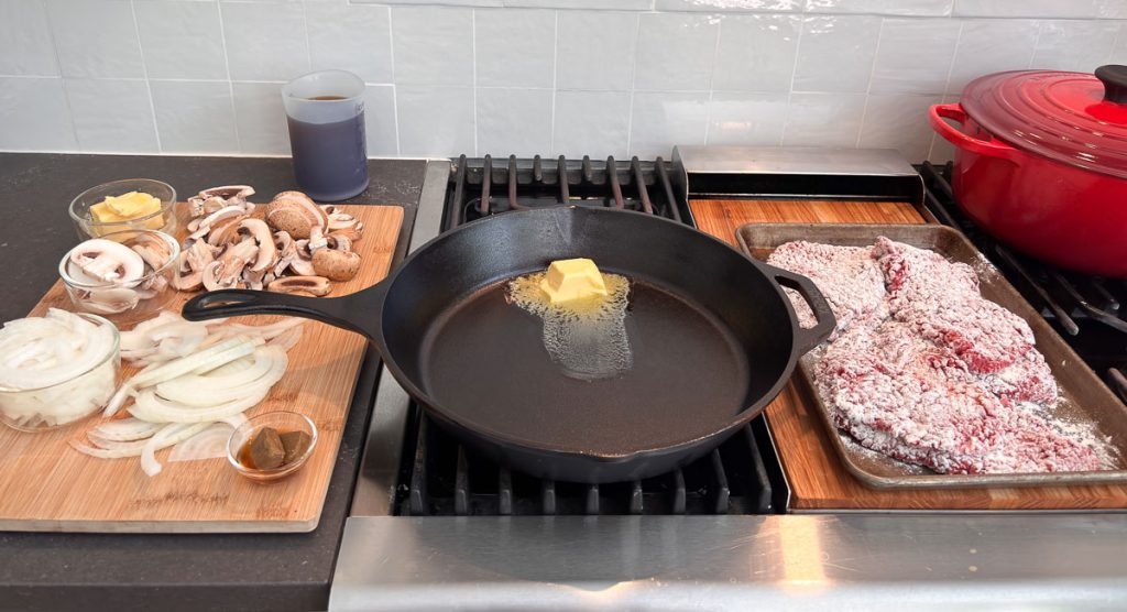 ingredients prepped and set up by stove top