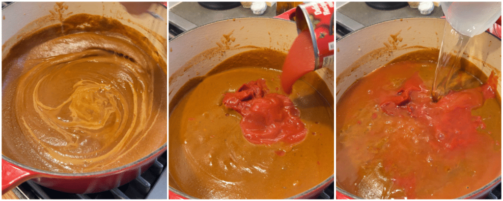 collage of pictures showing adding the milk and the tomato sauce and then stirring