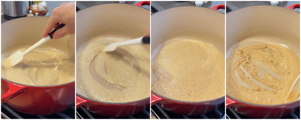 series of photos showing how to make the roux for the red sauce