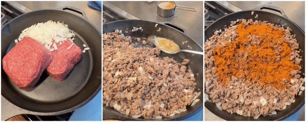 photo collage of making the wet burrito meat.