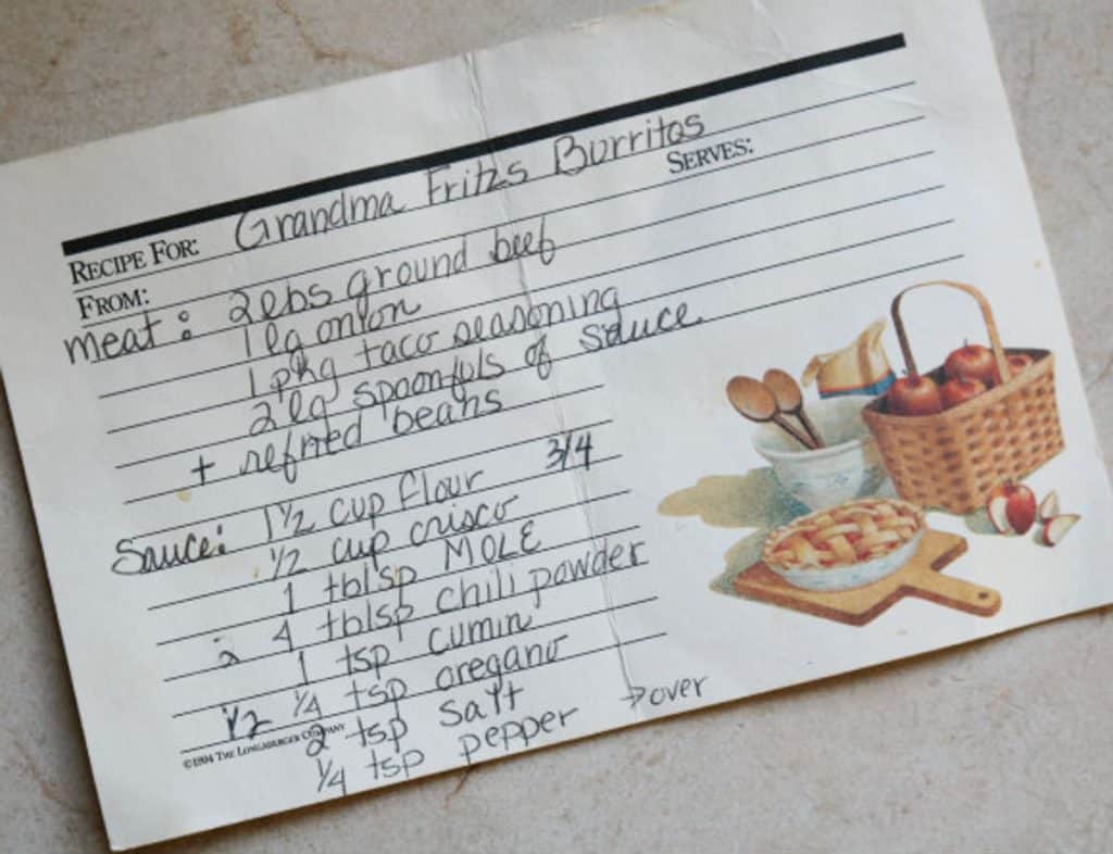 photo of a hand written recipe card for wet burritos