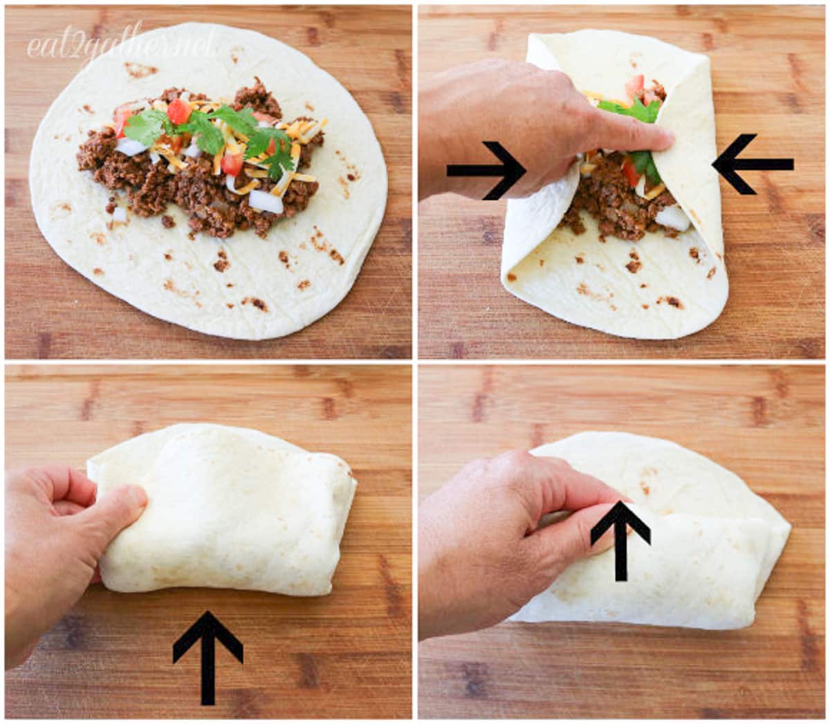 photo collage of how to assemble or roll up a wet burrito