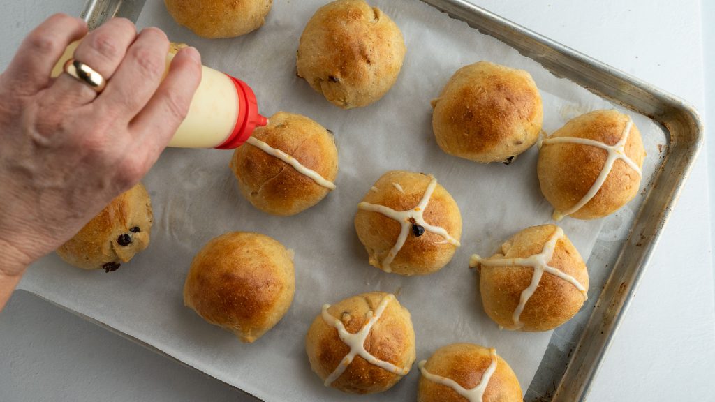 glazing crosses on baked buns