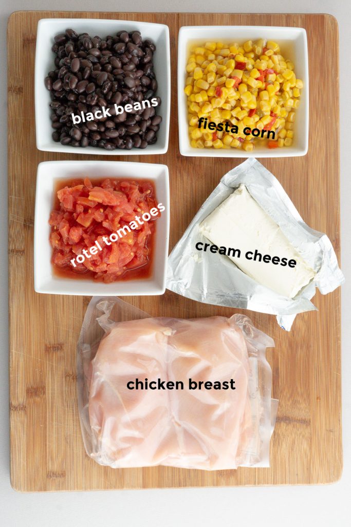 ingredient photo of black beans, corn, cream cheese, chicken