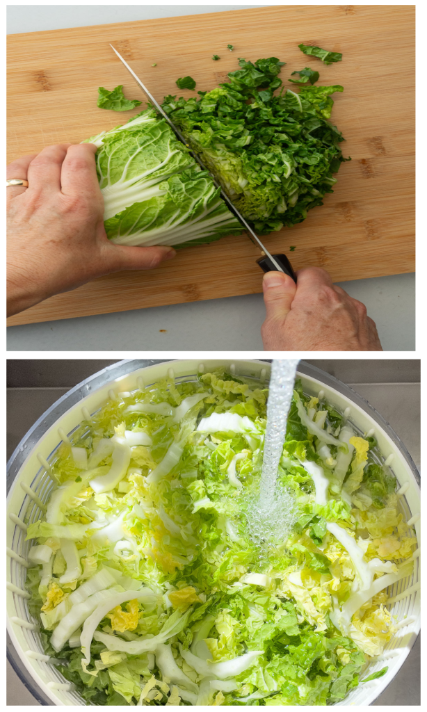 slicing napa cabbage and washing cabbage in cold water