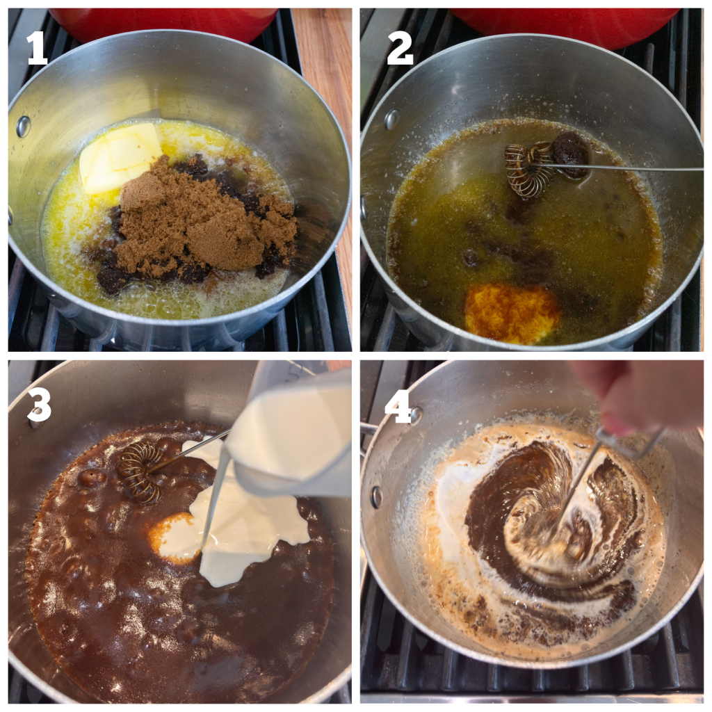 step by step of photo collage of how to make caramel sauce