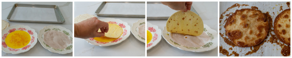 series of photos showing how to make churro crisp. dipping flour tortillas in butter then cinnamon sugar and baking
