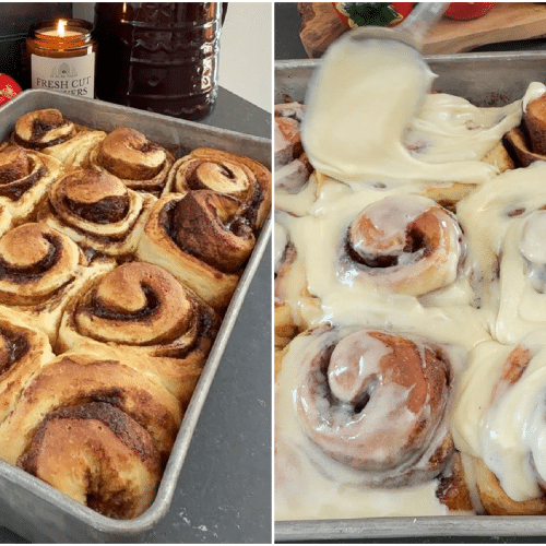 cinnamon rolls un frosted, and cinnamon rolls being frosted on the right side of the picture collage