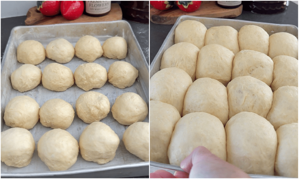 rolls in baking pan before and after rising