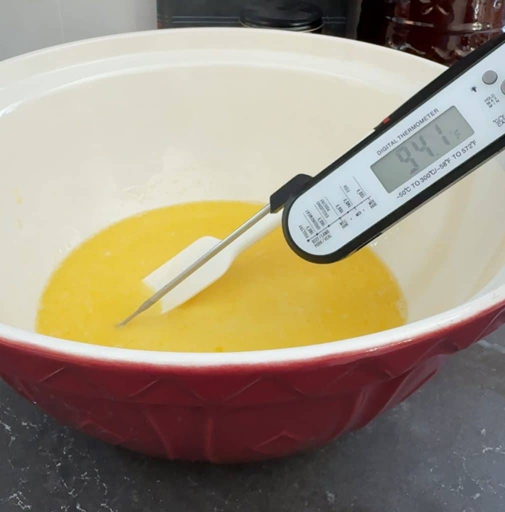 milk and butter in a bowl thermometer showing 95 F taking temp of milk