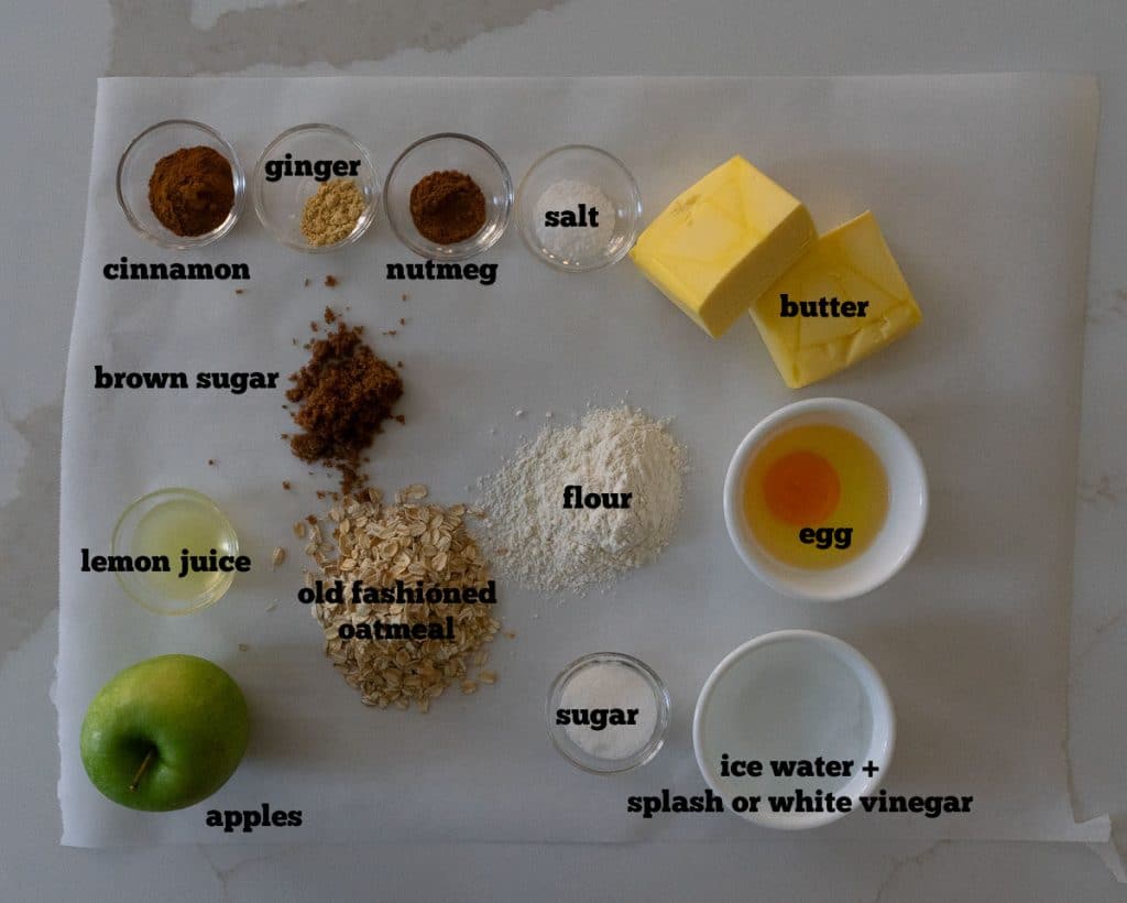 ingredients for apple crisp galetter on parchment paper