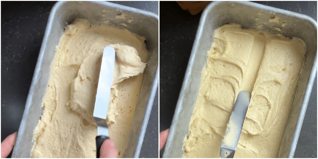 photo collage showing how to smooth batter out in pan and then how to make a divet down the center before baking