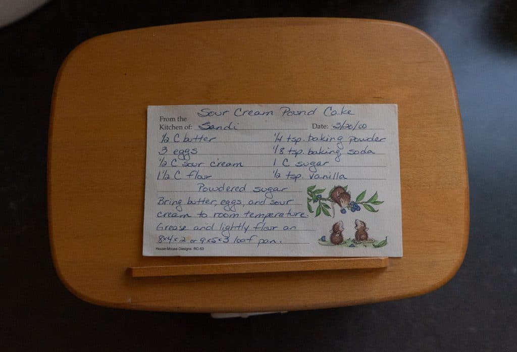 photo of the original recipe card sitting on top of my recipe card box