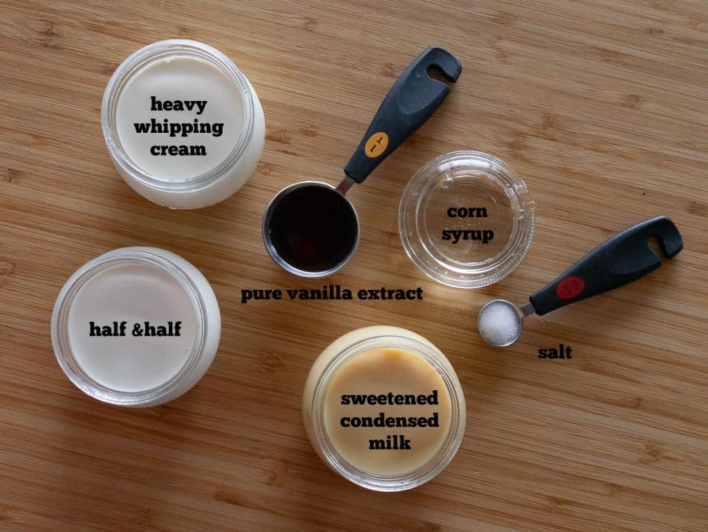 ingredients for ice cream base on a wood cutting board