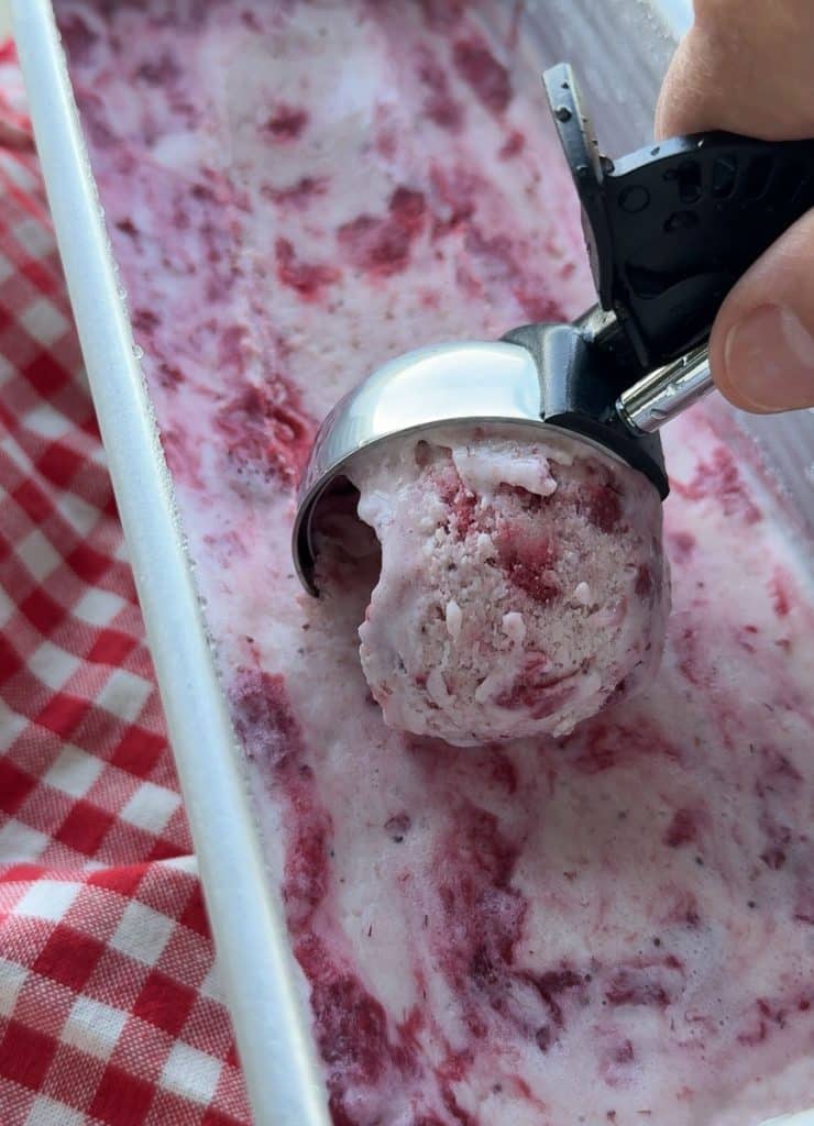 curl of ice cream under ice cream scoop  as its being scooped from a silver  container