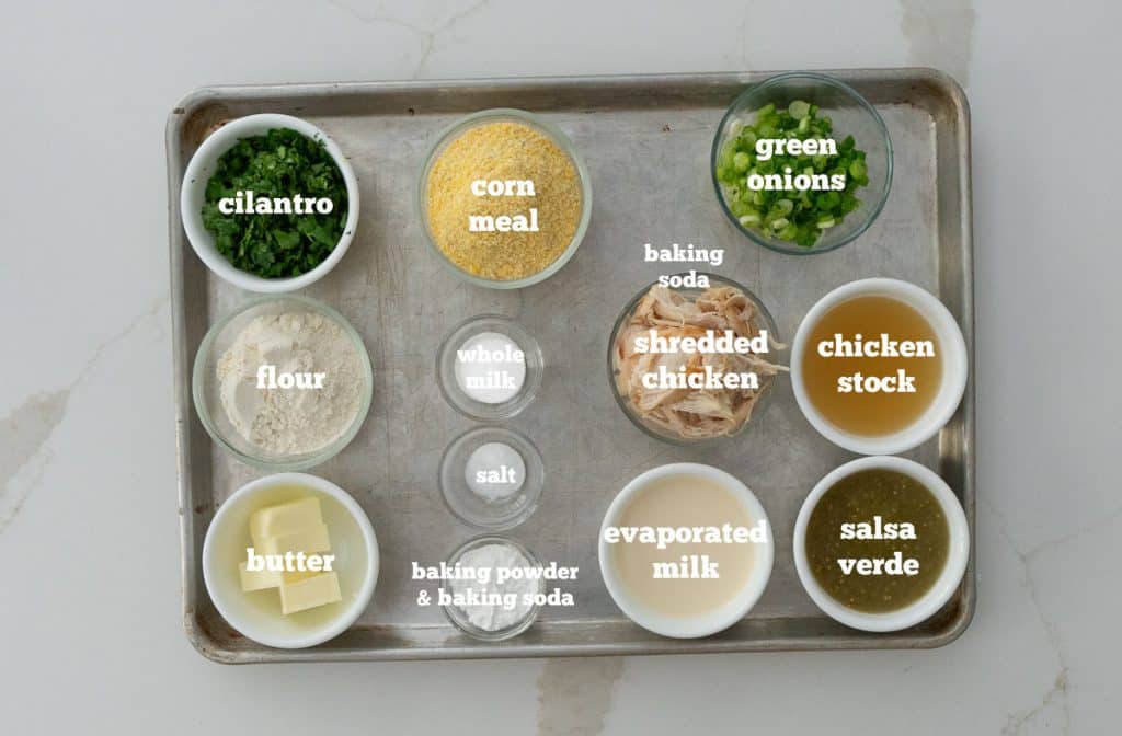 picture of recipe ingredients on a silver baking sheet on a white countertop