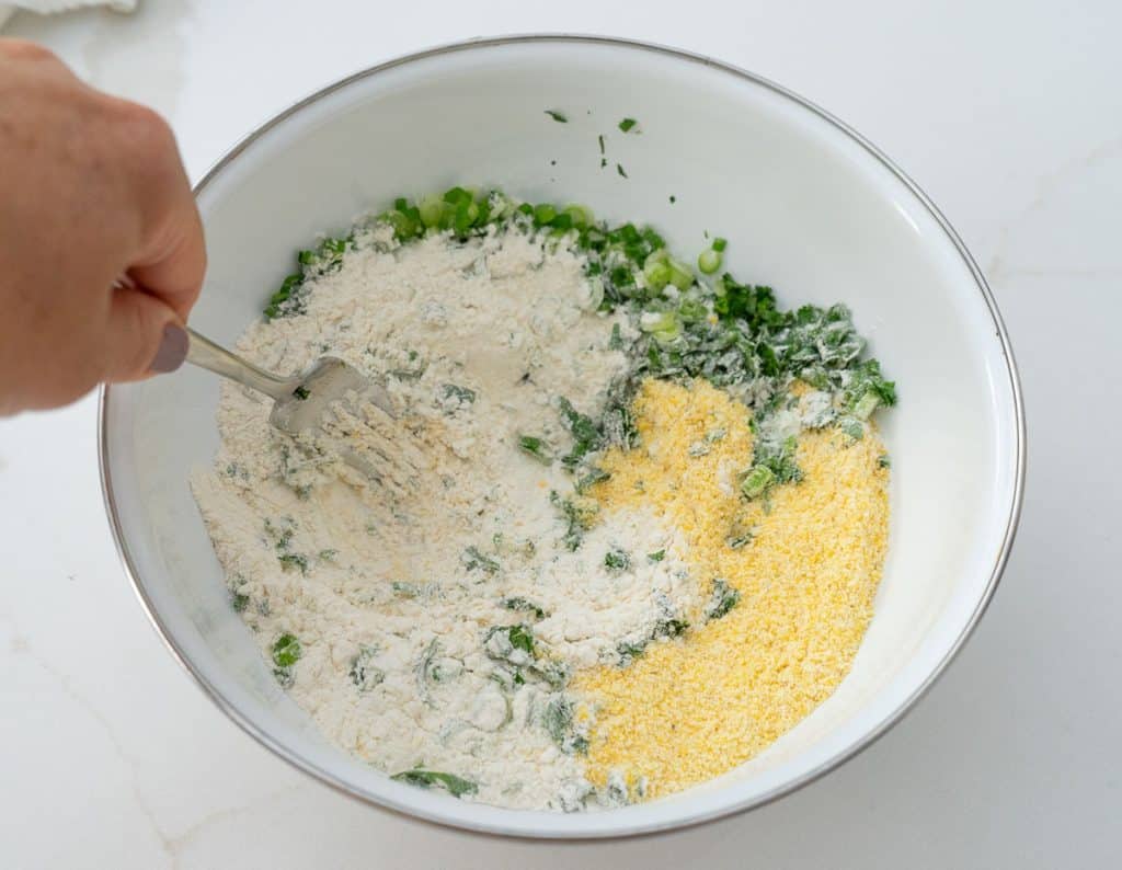 mixing dry ingredients in a medium sized white bowl with fresh cilantro and green onions