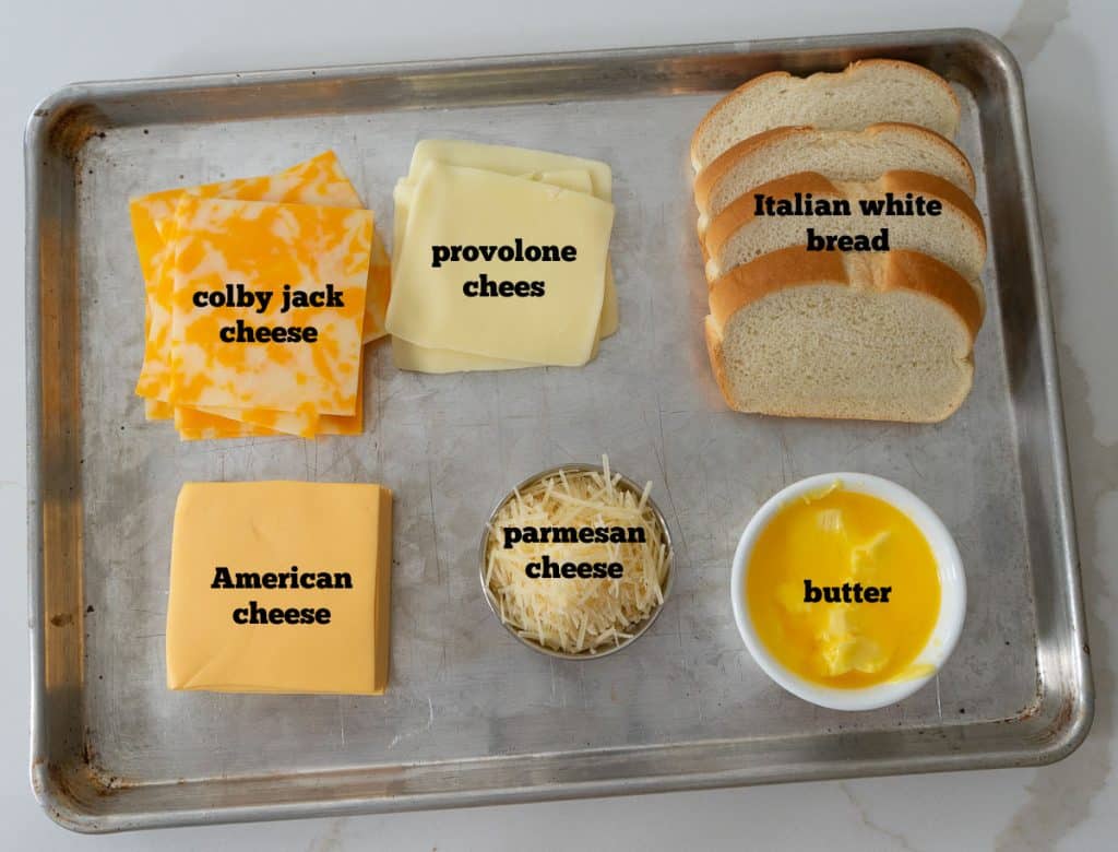 ingredients for sheet pan grilled cheese on a sheet pan